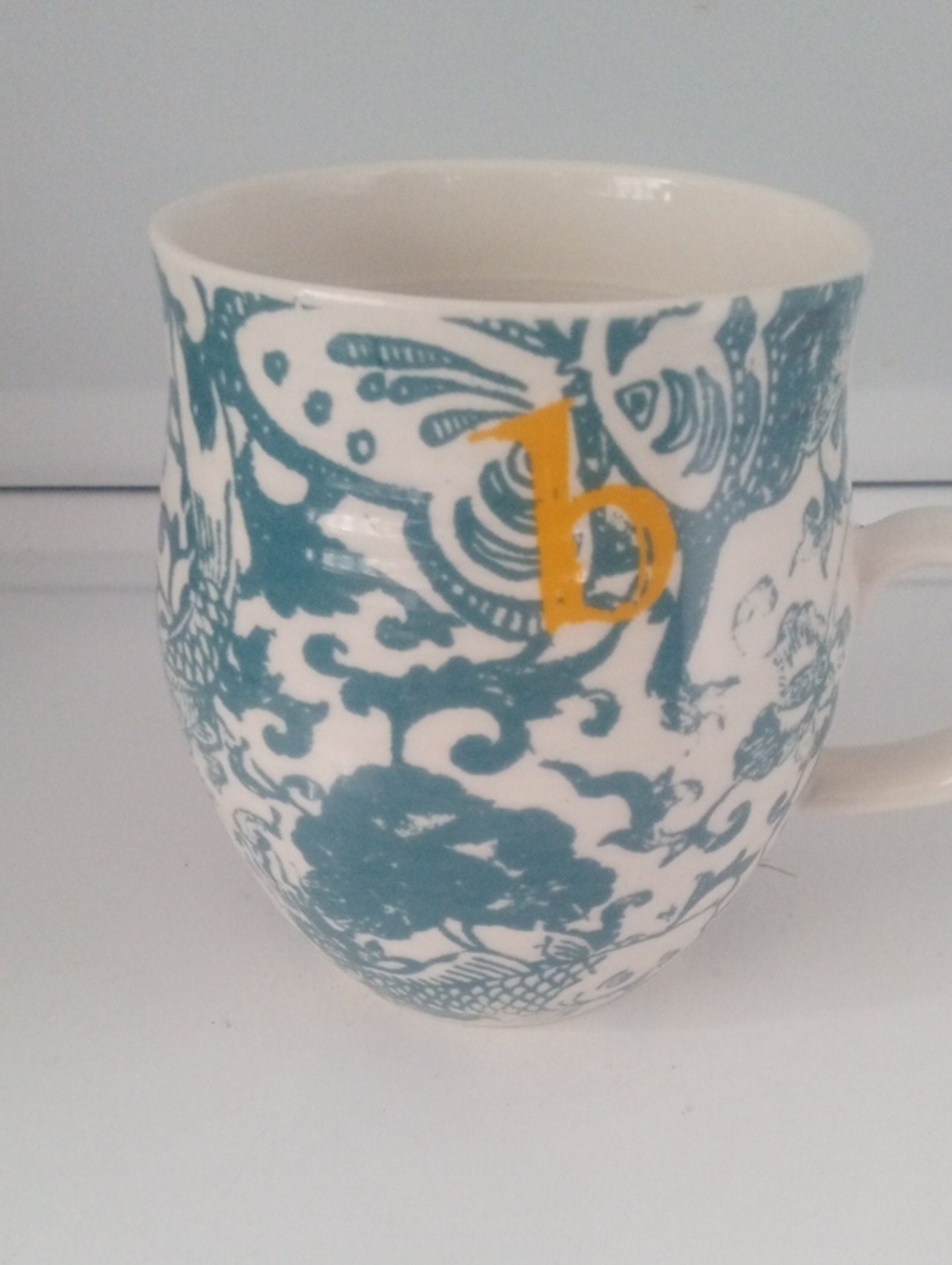 Anthropologie Teal And White Homegrown Ceramic Mug with Yellow Initial B